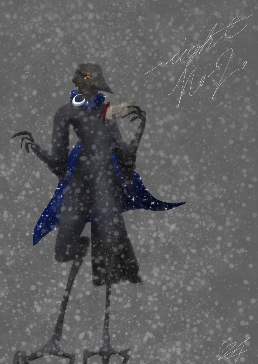 absurd_res ambiguous_gender anthro avian bird black_body black_sclera blue_cape calligraphy cape cape_only clothing corvid corvus_(genus) crescent_(shape) crow feathers hi_res lineless mostly_nude obelisk398 orange_pupils oscine passerine portrait postcard pupils shaded simple_background snow snowing solo star tail tail_feathers year