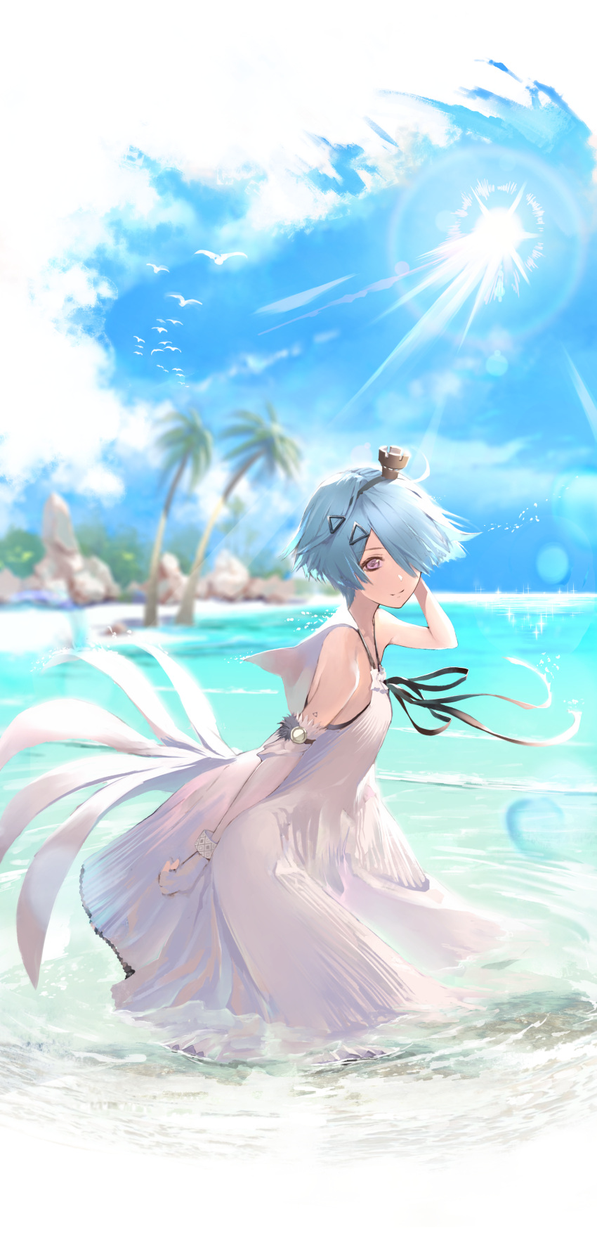 1girl absurdres ahoge aizawa_masaya animal arm_behind_back arm_behind_head back bare_shoulders beach bird blue_hair blue_sky bracelet breasts clenched_hand closed_mouth cloud cloudy_sky collarbone commentary_request day dove dress elbow_gloves from_side full_body girls'_frontline gloves hair_ornament hair_over_one_eye hairband hairpin halter_dress halterneck hand_on_own_ass head_tilt highres in_water jewelry light_blue_hair looking_at_viewer medium_breasts ocean official_alternate_costume outdoors palm_tree purple_eyes rock sand short_hair sky smile solo sun sunlight tree water wet white_dove white_dress white_gloves zas_m21_(girls'_frontline) zas_m21_(white_queen)_(girls'_frontline)