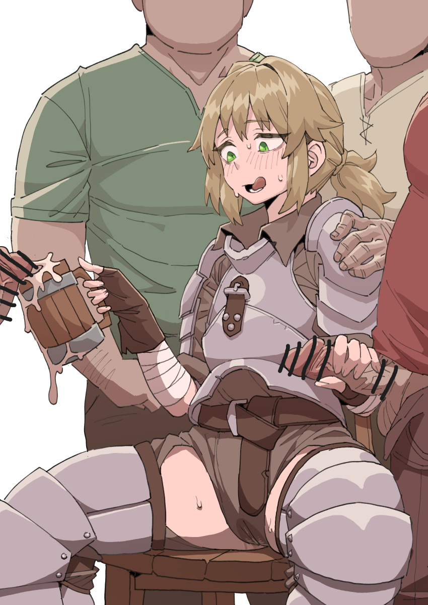1girl absurdres armor bar_censor blonde_hair blush censored clothing_cutout cum cum_in_container cum_in_cup faceless faceless_male fingerless_gloves gloved_handjob gloves green_eyes hand_on_another's_shoulder highres homeerosu medium_hair multiple_boys original ponytail pussy_juice sitting sweat thigh_cutout wet_pants