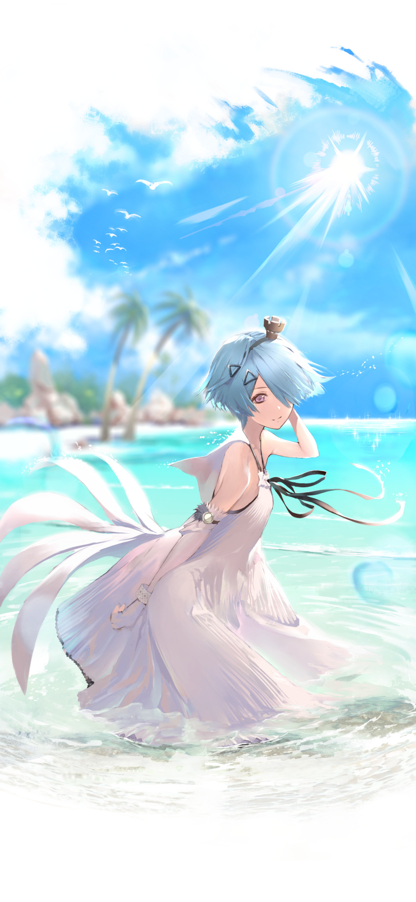 1girl absurdres ahoge aizawa_masaya animal arm_behind_back arm_behind_head back bare_shoulders beach bird blue_hair blue_sky bracelet breasts clenched_hand closed_mouth cloud cloudy_sky collarbone commentary_request day dove dress elbow_gloves from_side full_body girls'_frontline gloves hair_ornament hair_over_one_eye hairband hairpin halter_dress halterneck hand_on_own_ass head_tilt highres in_water jewelry light_blue_hair looking_at_viewer medium_breasts ocean official_alternate_costume outdoors palm_tree purple_eyes rock sand short_hair sky smile solo sun sunlight transparent_background tree water wet white_dove white_dress white_gloves zas_m21_(girls'_frontline) zas_m21_(white_queen)_(girls'_frontline)