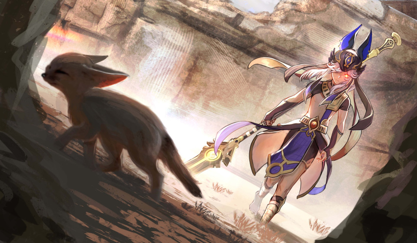 1boy absurdres animal animal_ears armor belt closed_mouth commentary cyno_(genshin_impact) day desert dutch_angle egyptian egyptian_clothes english_commentary fake_animal_ears genshin_impact glowing glowing_eye gold grey_hair hair_over_one_eye highres holding holding_polearm holding_weapon leg_wrap lens_flare long_hair looking_at_viewer mask mask_on_head one_eye_covered outdoors polearm ryrmcher serious short_sleeves solo standing walking weapon wide_shot yellow_belt