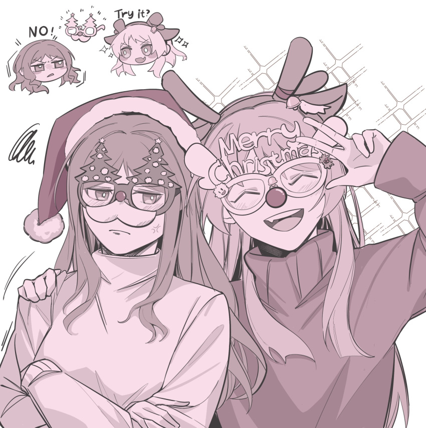 2girls ^_^ anger_vein animal_ear_hairband animal_ears bang_dream! bang_dream!_it's_mygo!!!!! blush chibi chibi_inset chihaya_anon chinese_commentary closed_eyes closed_mouth commentary_request crossed_arms fake_animal_ears fake_antlers fake_facial_hair fake_mustache fang glasses greyscale hat highres long_hair long_sleeves merry_christmas mixed-language_commentary monochrome multiple_girls nagasaki_soyo novelty_glasses open_mouth santa_hat sidelocks simple_background skin_fang smile squiggle sweater tin_g upper_body w