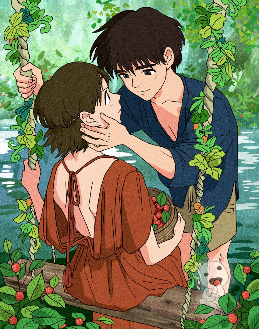 1boy 1girl ashitaka backless_dress backless_outfit basket blue_shirt brown_hair closed_mouth collarbone dress eating eye_contact ghost hair_ornament hand_on_another's_face hand_up hetero highres holding holding_basket kodama leaning_forward long_sleeves looking_at_another mononoke_hime nature plant red_dress rikaco1988 san_(mononoke_hime) shirt short_sleeves shoulder_blades sitting smile standing swing vines water