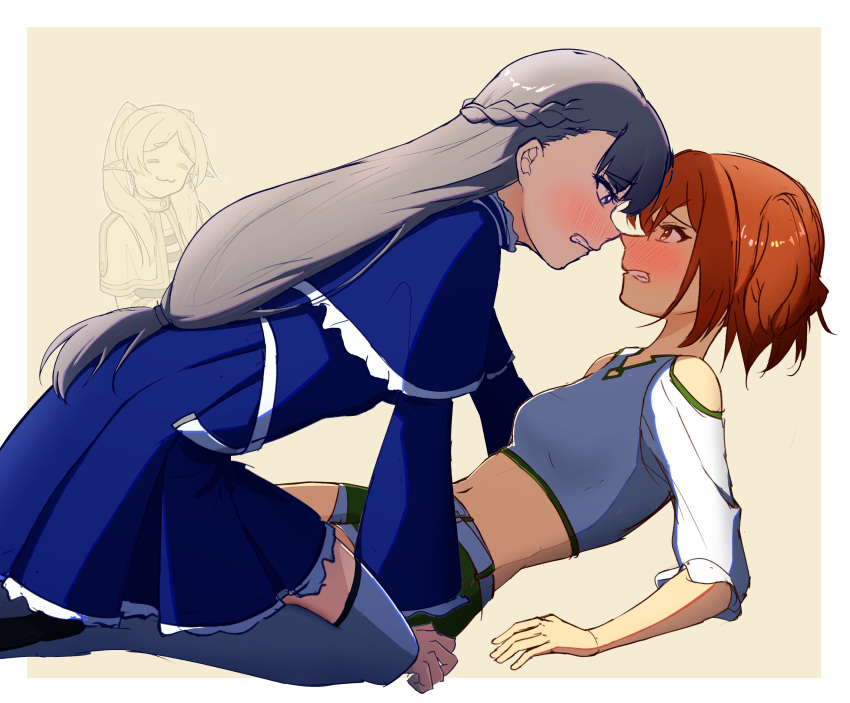 3girls :3 =_= absurdres blue_capelet blue_dress blue_eyes blush braid breasts brown_hair capelet clenched_teeth clothing_cutout commentary dress embarrassed english_commentary eye_contact forehead-to-forehead french_braid frieren fukaikiri grey_hair grey_shorts grey_thighhighs heads_together highres kanne_(sousou_no_frieren) lawine_(sousou_no_frieren) long_hair looking_at_another midriff multiple_girls navel noses_touching orange_hair pointy_ears shirt shorts shoulder_cutout small_breasts sousou_no_frieren straddling teeth thighhighs twintails two_side_up white_shirt yellow_background yuri