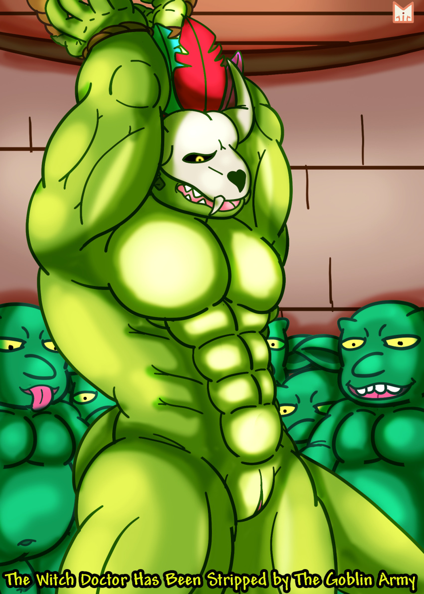 anthro bone bottomwear bound clothing digital_media_(artwork) goblin green_body green_skin group group_sex hands_tied hi_res humanoid lizardman loincloth male male/male nude red_panda_mirr rope scalie sex simple_background skull slit terraria witch_doctor_(terraria) wrists_tied