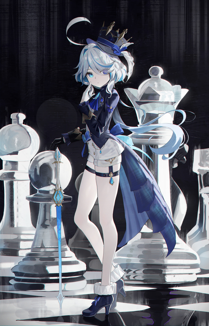 1girl absurdres ahoge ascot asymmetrical_gloves bare_legs black_footwear black_gloves blue_ascot blue_eyes blue_hair blue_headwear chess_piece commentary_request furina_(genshin_impact) genshin_impact gloves hat hidulume high_heels highres king_(chess) long_hair looking_at_viewer mismatched_gloves multicolored_hair pawn_(chess) short_shorts shorts solo standing streaked_hair thigh_strap top_hat very_long_hair white_gloves white_hair white_shorts