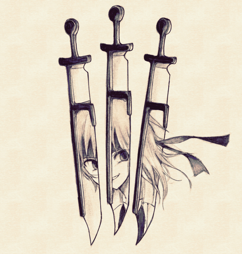 1other absurdres androgynous atoymk collared_shirt dagger graphite_(medium) greyscale grin highres knife kurohebi len'en monochrome open_clothes open_shirt other_focus shirt short_hair simple_background smile solo traditional_media weapon white_background