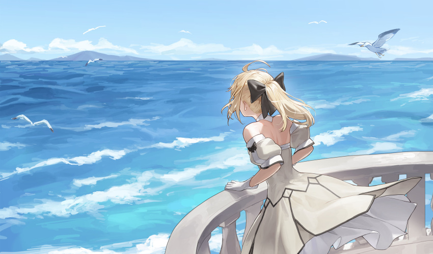 1girl ahoge artoria_pendragon_(fate) balcony bird black_bow blonde_hair bow cotta_(heleif) detached_sleeves dress fate/grand_order fate_(series) gloves hair_bow highres long_hair ocean outdoors ponytail saber_lily seagull solo waves white_dress white_gloves white_sleeves