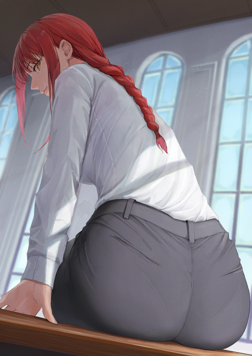 1girl absurdres ano_(gccx8784) ass braid braided_ponytail chainsaw_man closed_mouth highres indoors long_hair long_sleeves looking_back makima_(chainsaw_man) orange_eyes pantylines ringed_eyes shirt shirt_tucked_in sidelocks sitting smile solo white_shirt window