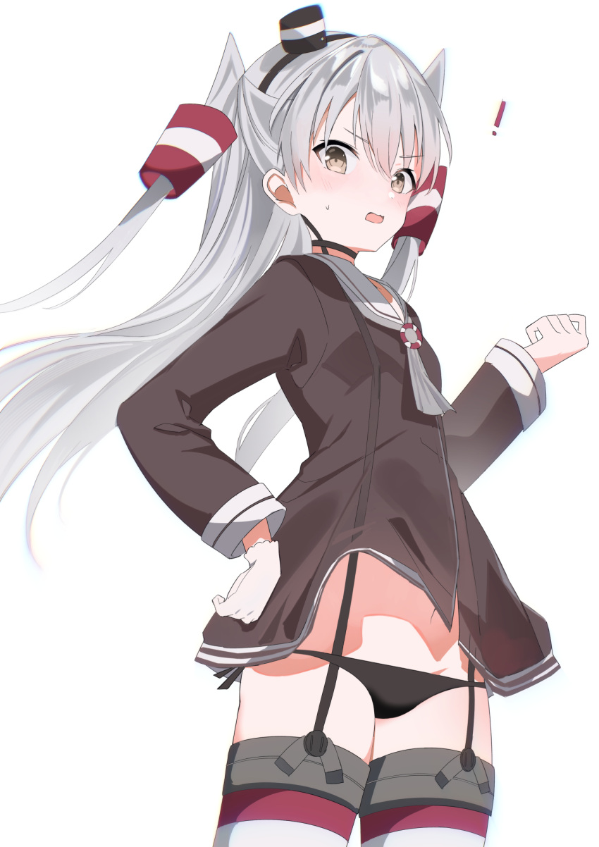 ! 1girl amatsukaze_(kancolle) black_panties brown_dress brown_eyes cowboy_shot dress fathom garter_straps gloves grey_hair grey_neckerchief hair_tubes hat highres kantai_collection lifebuoy_ornament mini_hat neckerchief panties red_thighhighs sailor_collar sailor_dress short_dress simple_background single_glove smokestack_hair_ornament solo standing striped_clothes striped_thighhighs thighhighs two_side_up underwear white_background white_gloves white_sailor_collar