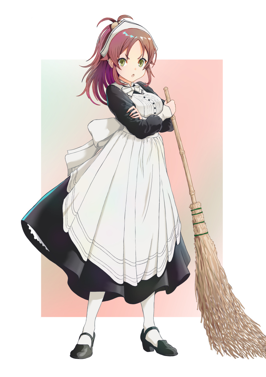 1girl absurdres aisha_greyrat alternate_breast_size antenna_hair apron black_dress breasts broom dress full_body green_eyes highres holding holding_broom large_breasts looking_at_viewer maid maid_apron maid_headdress medium_hair mushoku_tensei neck_ribbon open_mouth platform_footwear platform_heels ponytail red_hair ribbon rora_(user_vgpk4444) simple_background solo thighhighs white_ribbon white_thighhighs