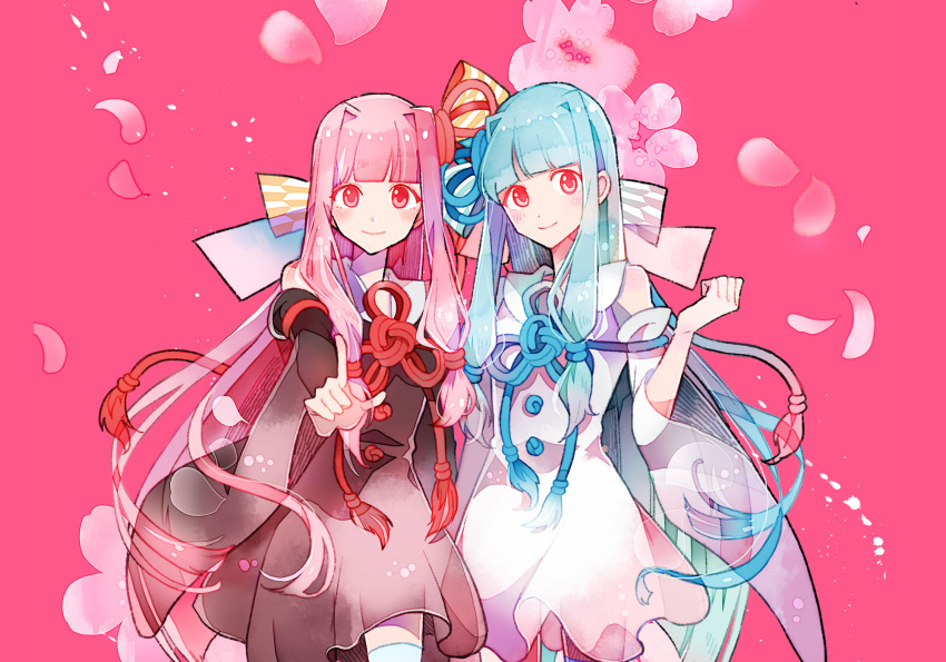 2girls a.i._voice artist_request black_dress blue_hair blue_rope blue_tassel blunt_bangs blush bow cherry_blossoms closed_mouth collared_dress curled_fingers detached_sleeves dot_nose dress falling_petals flat_chest flower_knot hair_bow hair_intakes hair_tie hand_up head_tilt highres index_finger_raised kotonoha_akane kotonoha_aoi large_bow long_hair looking_at_viewer low-tied_sidelocks multiple_girls official_art petals pink_background pink_hair purple_bow red_eyes red_rope red_tassel rope siblings side-by-side sisters sleeveless sleeveless_dress smile thighhighs very_long_hair voiceroid white_dress white_thighhighs wide_sleeves yagasuri yellow_bow