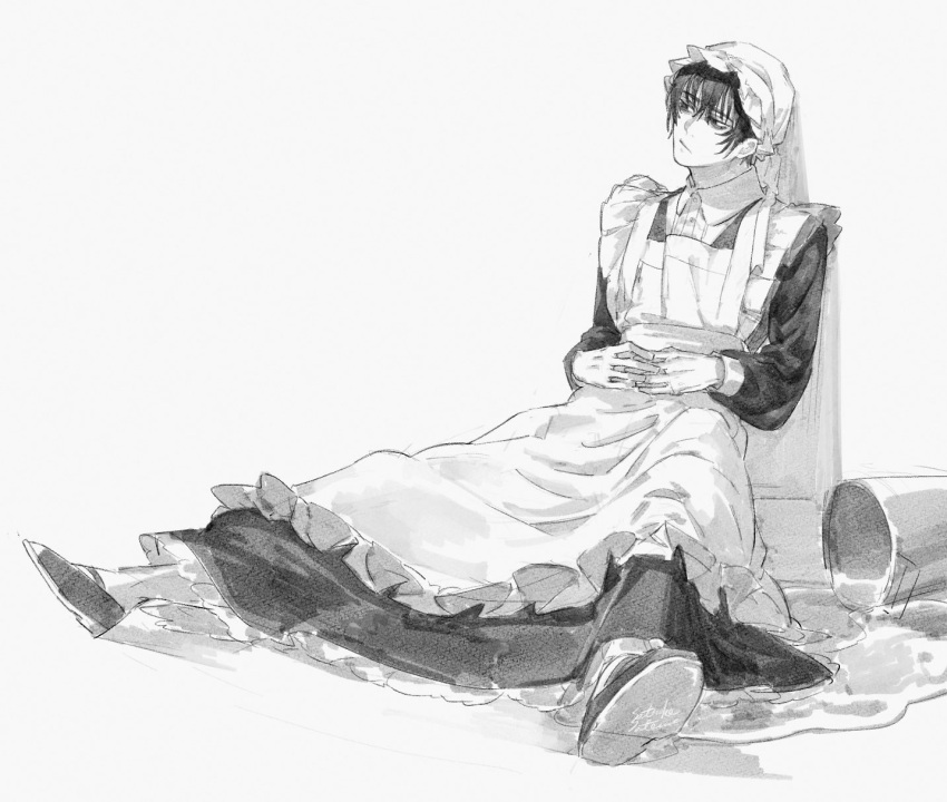 1boy apron bucket greyscale hat highres limbus_company long_sleeves maid maid_apron male_focus mob_cap monochrome project_moon satome_setsuko shoes sitting solo spill yi_sang_(project_moon)