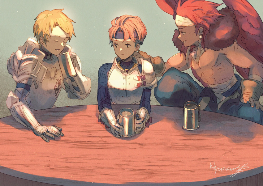 3boys armor brown_gloves brown_hair canopus_wolph character_request closed_mouth cup denim_powell feathered_wings gloves headband highres holding holding_cup male_focus miyama_(lacrima01) multiple_boys open_mouth red_hair short_hair smile table tactics_ogre topless_male wings