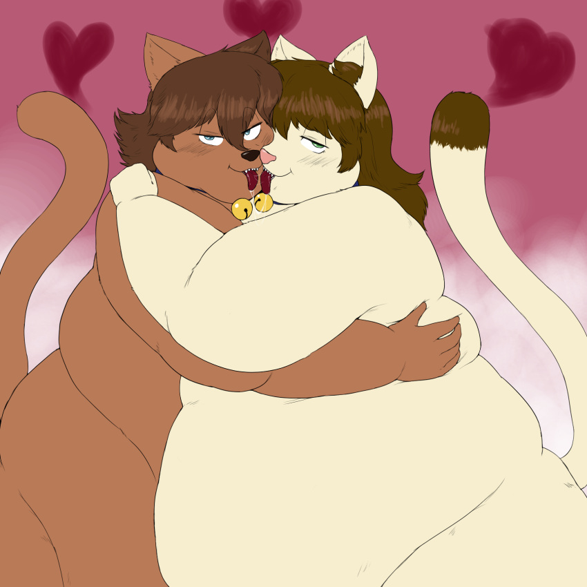 &lt;3 anthro bell bell_collar blue_eyes brown_hair claire_(unawarey) collar coral_(hydro-phil2) domestic_cat duo embrace felid feline felis female female/female green_eyes hair hair_between_eyes hi_res hug implied_threesome long_hair looking_at_viewer mammal morbidly_obese morbidly_obese_anthro morbidly_obese_female nude obese obese_anthro obese_female overweight overweight_anthro overweight_female short_hair tongue tongue_out unawarey