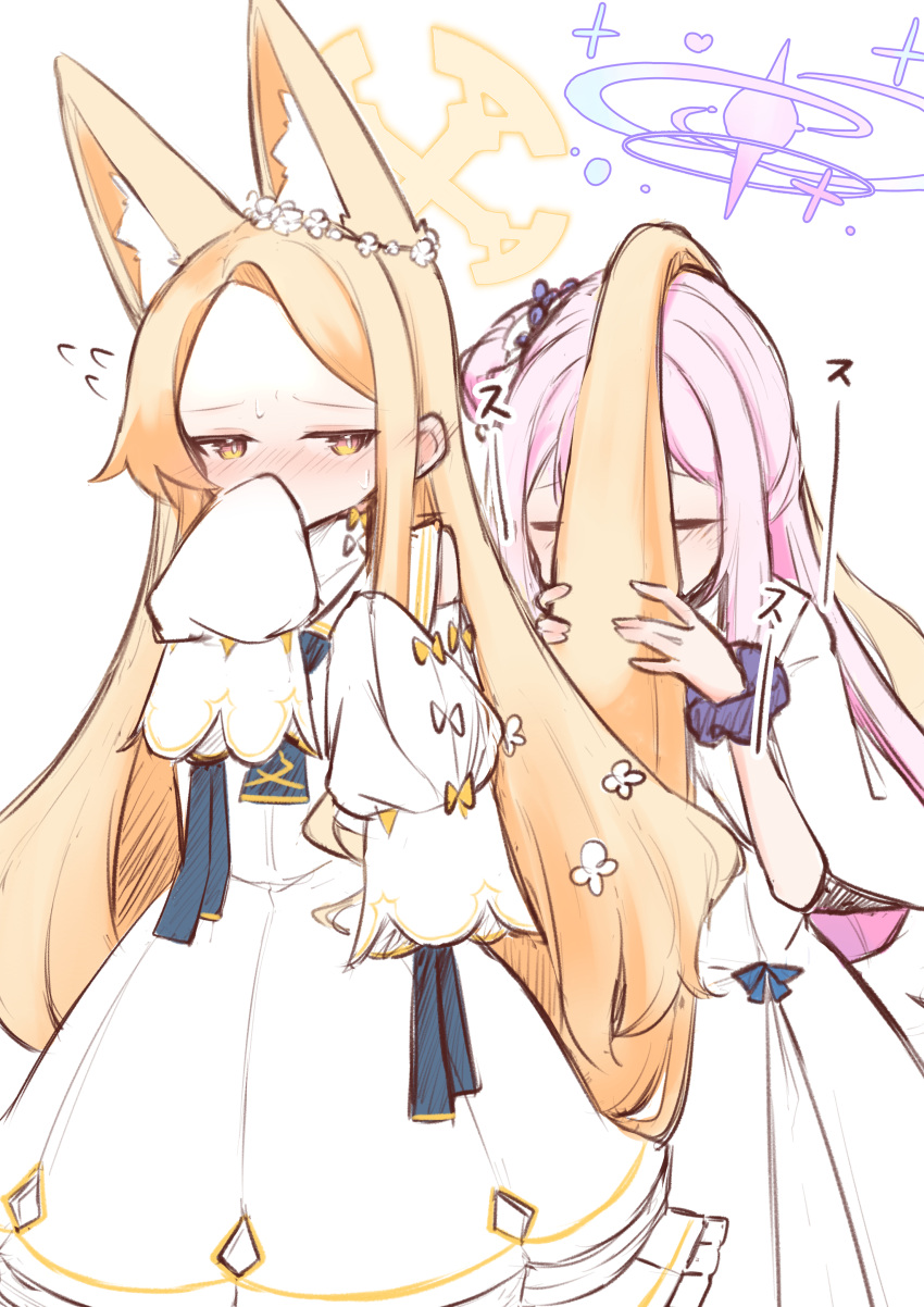 2girls absurdres animal_ear_fluff animal_ears bare_shoulders blonde_hair blue_archive blush closed_eyes covering_own_mouth detached_sleeves dress flower_hairband forehead fox_ears frills hair_bun hair_ornament halo hand_over_own_mouth highres holding huffing hug lace-trimmed_dress lace_trim long_hair mika_(blue_archive) multiple_girls nose_blush pink_hair puffy_sleeves seia_(blue_archive) sidelocks sleeves_past_fingers sleeves_past_wrists smelling sonn_er tail very_long_hair white_background wristband yellow_eyes