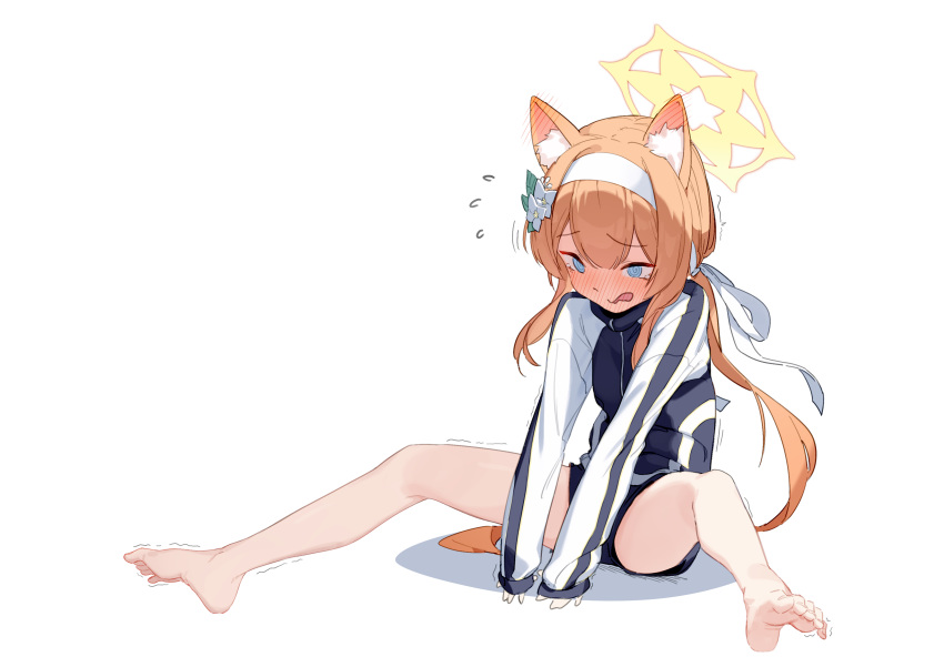 1girl absurdres animal_ears barefoot black_shorts blue_archive blue_eyes blush full_body gym_shorts gym_uniform highres jacket long_hair long_sleeves mari_(blue_archive) mari_(track)_(blue_archive) nijiko_uro official_alternate_costume open_mouth orange_hair shorts simple_background solo track_jacket white_background