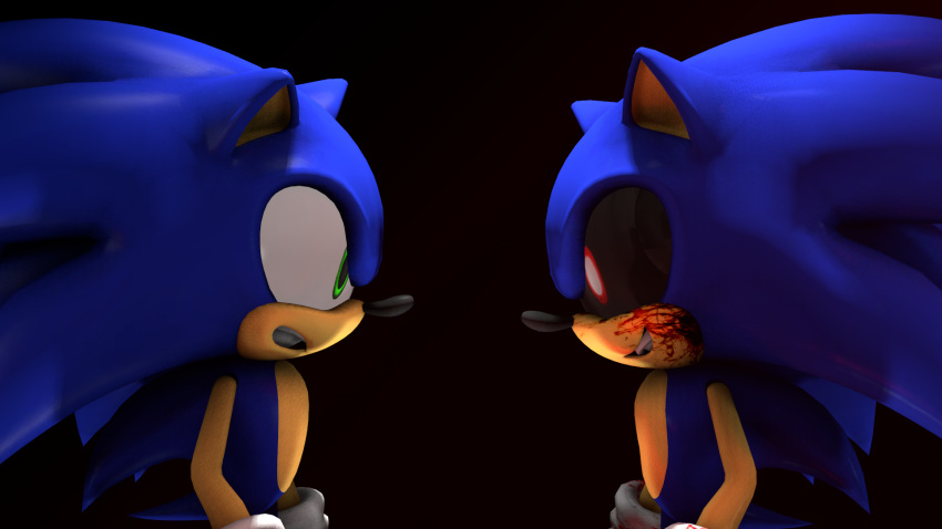 3d_(artwork) anthro blood blue_body blue_fur bodily_fluids clothing creepy creepypasta demonic digital_media_(artwork) duo eulipotyphlan eye_contact fur gloves handwear hedgehog hi_res looking_at_another male mammal masonfazbear nightmare_fuel red_eyes sega smile sonic.exe sonic.exe_(creepypasta) sonic_the_hedgehog sonic_the_hedgehog_(series)