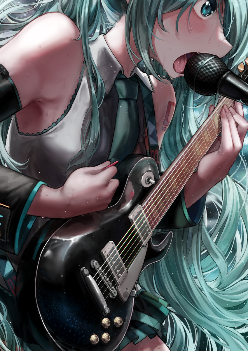 1girl absurdres armpits bare_shoulders black_sleeves blue_eyes blue_hair blue_necktie blush collared_shirt commentary_request cowboy_shot detached_sleeves electric_guitar english_commentary from_side gibson_les_paul grey_shirt guitar hatsune_miku highres holding holding_guitar holding_instrument holding_plectrum instrument long_hair looking_ahead microa microphone_stand miniskirt mixed-language_commentary music necktie open_mouth playing_instrument pleated_skirt plectrum profile shirt shoulder_strap shoulder_tattoo singing skirt sleeveless sleeveless_shirt solo sweat tattoo very_long_hair very_sweaty vocaloid