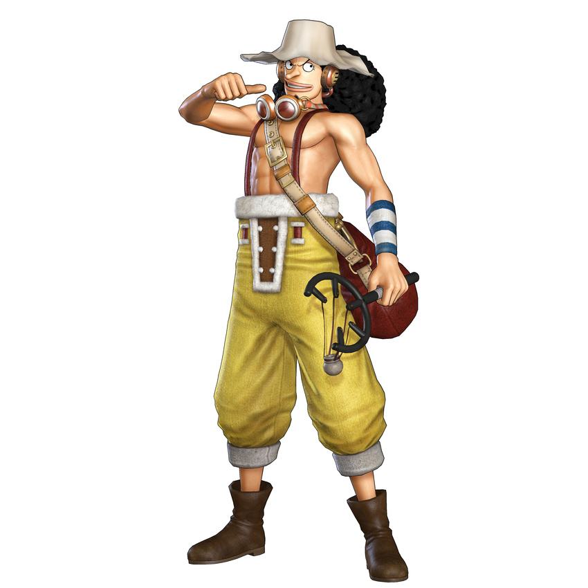 1:1 1boy 3d absurdres bag black_hair boots full_body goggles hat headphones highres male male_focus marksman official_art one_piece one_piece:_pirate_warriors simple_background slingshot solo standing suspenders usopp weapon white_background