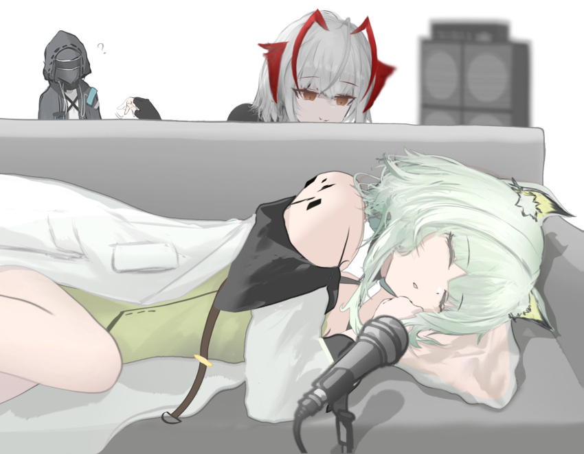 1other 2girls arknights beckoning black_gloves black_jacket blurry blurry_background brown_eyes closed_eyes couch depth_of_field doctor_(arknights) dress facing_viewer fingerless_gloves gloves green_dress grey_hair highres hood hood_up hooded_jacket jacket kal'tsit_(arknights) lying mebe_(teadia_violet) microphone microphone_stand multiple_girls off-shoulder_jacket off_shoulder on_couch on_side parted_lips shirt simple_background speaker w_(arknights) white_background white_jacket white_shirt