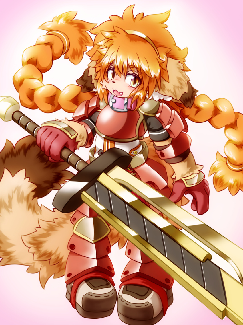 blush brown_eyes canine class_of_heroes clothing cute dwarf dwarf_(coh) female hair hairband invalid_tag kotesu_ya_eternity looking_at_viewer mammal orange_hair pigtails safe simple_background solo sword video_games warrior weapon young