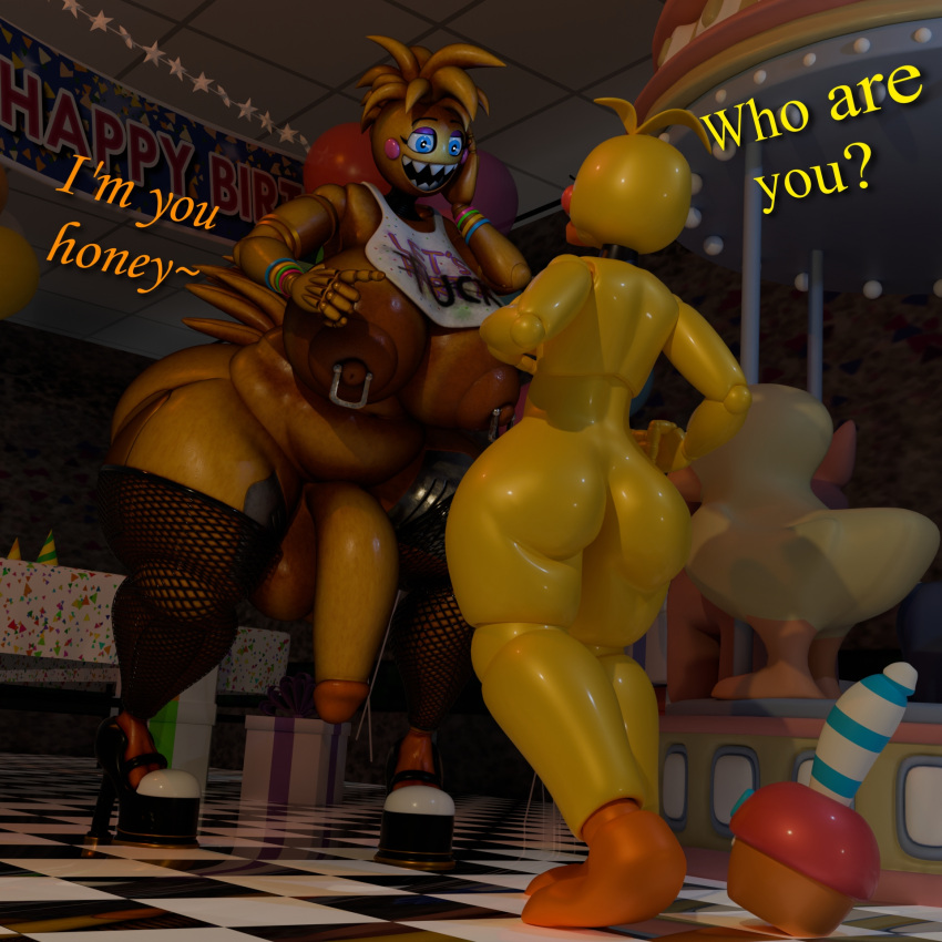2024 3d_(artwork) animatronic anonymousfm anthro areola avian balls beak big_breasts big_butt bird blender_(software) blender_cycles breasts butt chicken chubby_female clothing cupcake_(fnaf) digital_media_(artwork) duo english_text female five_nights_at_freddy's five_nights_at_freddy's_2 flaccid galliform gallus_(genus) genitals hair herm hi_res huge_breasts huge_butt humanoid_genitalia humanoid_penis hyper hyper_butt intersex machine makeup nipple_piercing nipples nude open_mouth penis phasianid piercing robot scott_cawthon scottgames sharp_teeth size_difference smile tail teeth text thick_thighs toy_chica_(fnaf) wide_hips yellow_body
