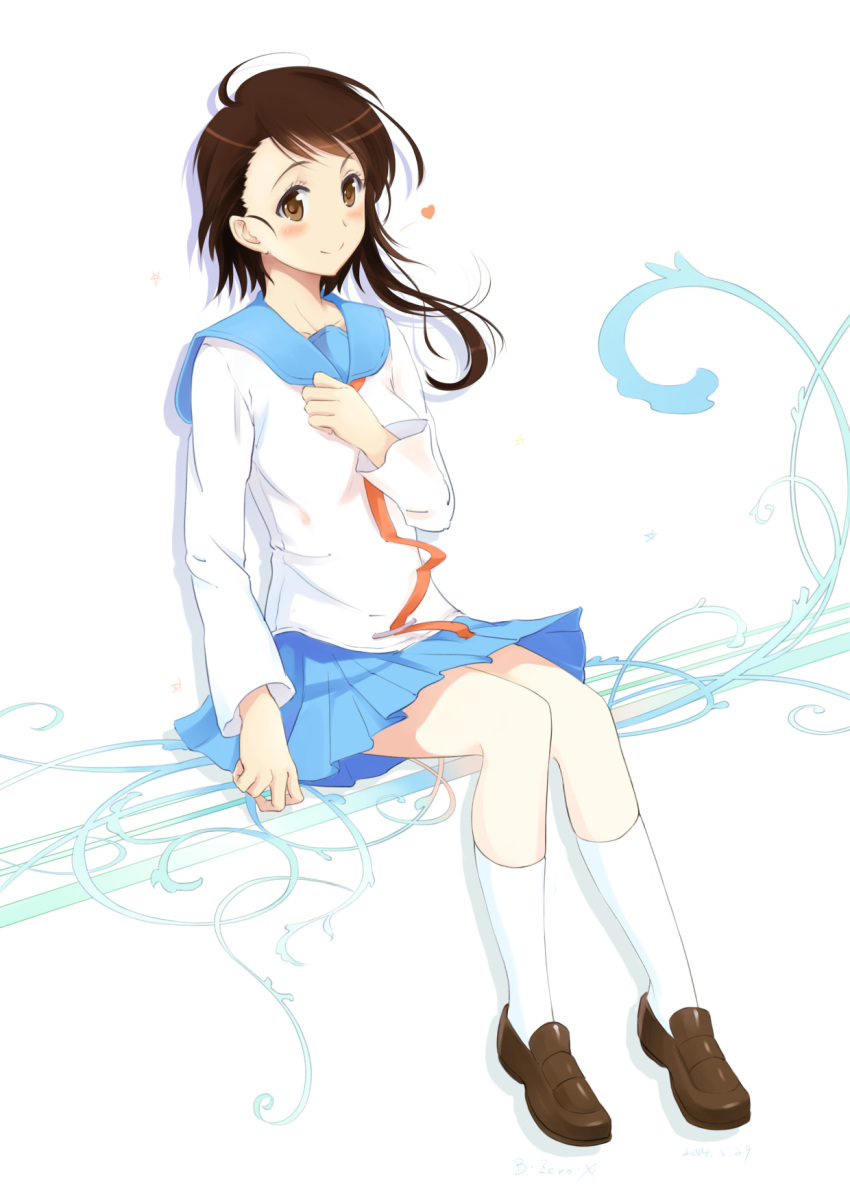 1girl ahoge blue_sailor_collar blue_skirt blush brown_eyes brown_footwear brown_hair bzerox closed_mouth hand_on_own_chest heart highres kneehighs loafers long_hair long_sleeves looking_at_viewer neck_ribbon nisekoi onodera_kosaki pleated_skirt red_ribbon ribbon sailor_collar school_uniform shirt shoes sitting skirt socks solo white_background white_shirt white_socks