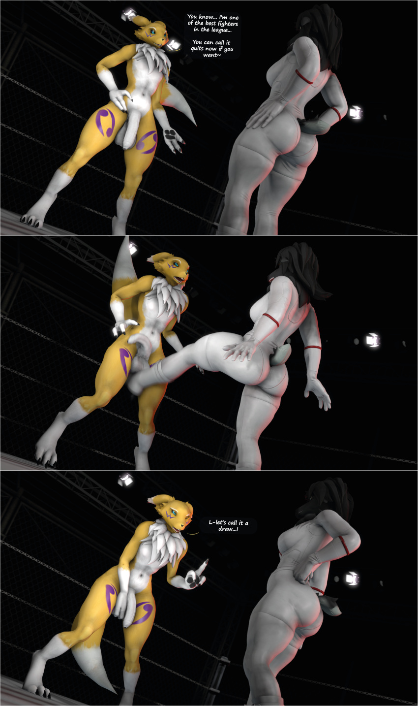 3d_(artwork) absurd_res alstri anthro ballbusting bandai_namco cock_and_ball_torture comic digimon digimon_(species) digital_media_(artwork) dominant dominant_female duo female fight flaccid foreskin genital_torture genitals hi_res kick_in_the_balls male male/female nude penis renamon source_filmmaker wide_stance