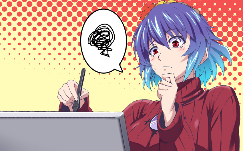 aqua_hair gradient_hair h-new highres mirror multicolored_hair purple_hair red_eyes ribbed_sweater short_hair solo spoken_squiggle squiggle stylus sweater tablet touhou upper_body yasaka_kanako