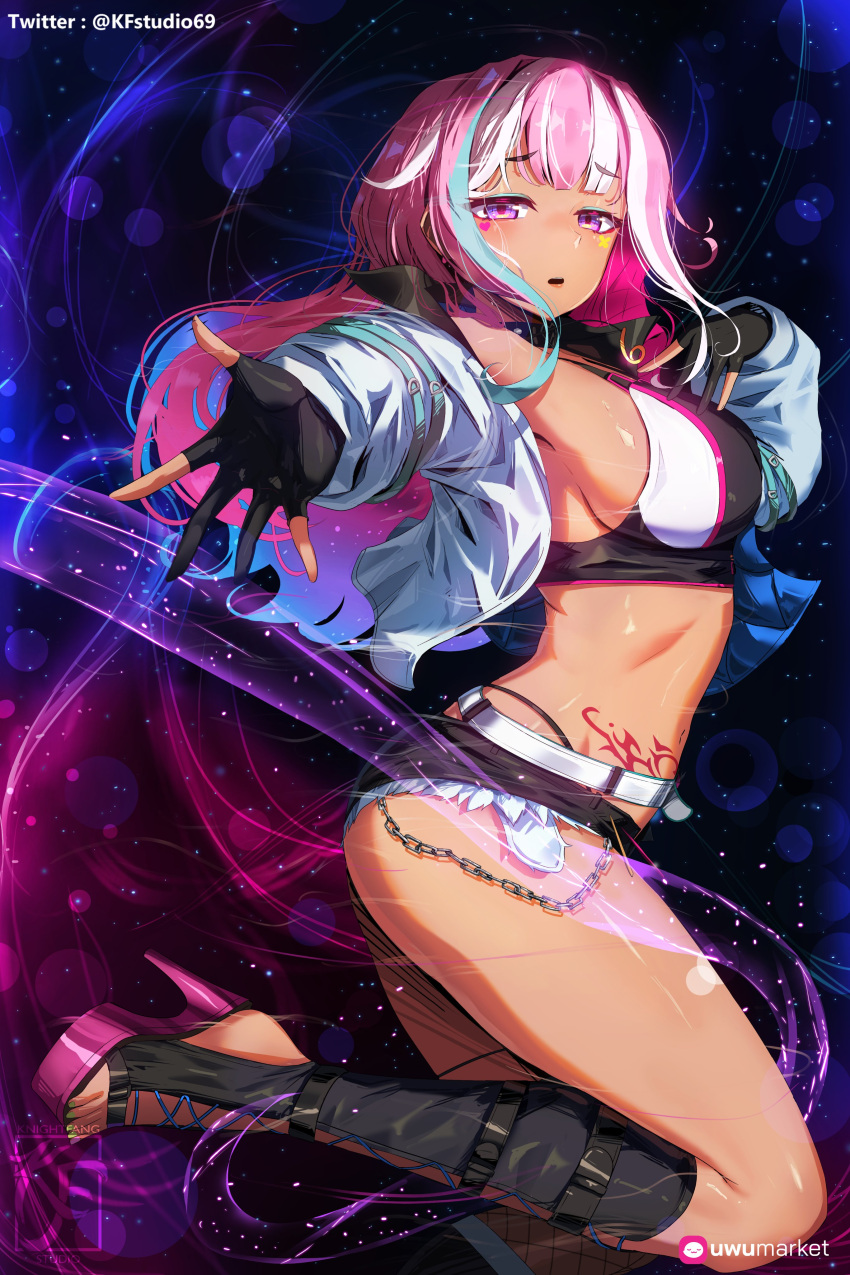 1girl absurdres artist_logo belt black_belt black_gloves black_shorts blue_hair breasts chain commission facial_mark from_side gloves heart heart_facial_mark high_heels highleg highleg_panties highres indie_virtual_youtuber jacket knightfang leg_belt long_hair multicolored_hair navel open_clothes open_jacket panties parted_lips partially_fingerless_gloves pink_hair purple_eyes reaching reaching_towards_viewer short_shorts shorts solo stirrup_footwear stomach_tattoo streaked_hair tan tattoo twitter_username underwear white_belt white_hair white_jacket yfu