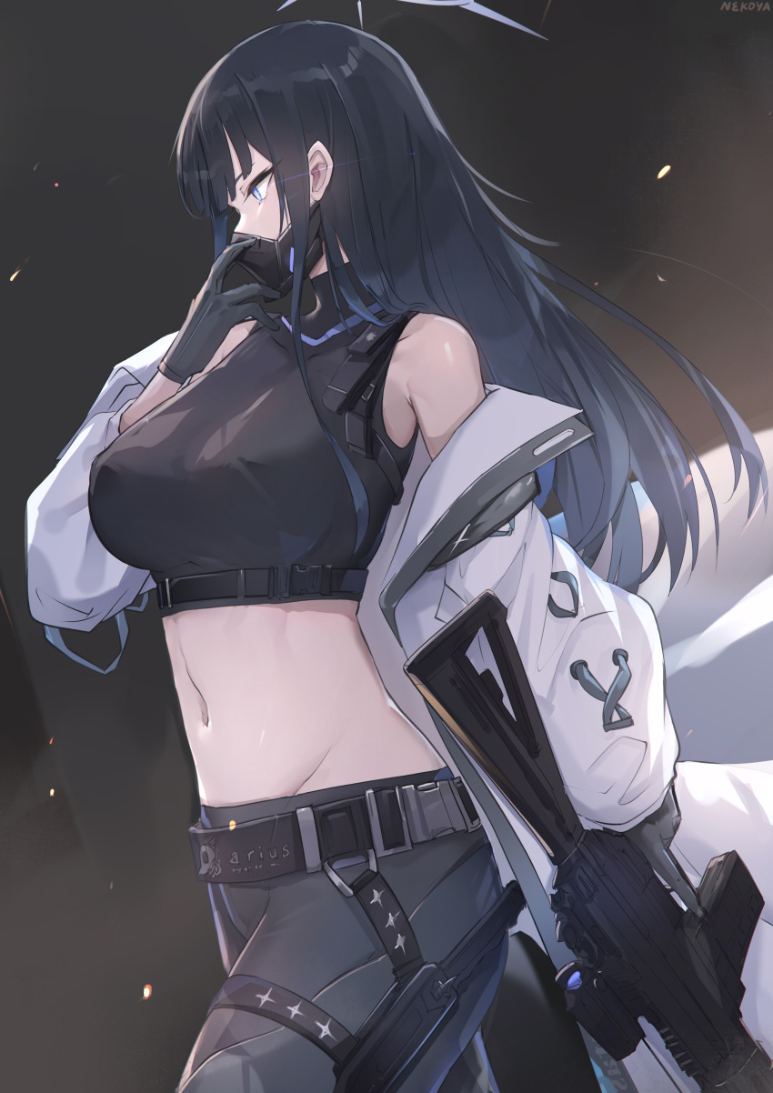 1girl absurdres artist_name bare_shoulders belt black_belt black_gloves black_hair black_pants black_shirt blue_archive blue_eyes breasts commentary cowboy_shot cropped_shirt gloves gun halo highres holding holding_gun holding_weapon jacket large_breasts long_hair long_sleeves mask midriff mouth_mask navel nekoya_(liu) pants saori_(blue_archive) shirt signature sleeveless sleeveless_shirt solo trigger_discipline weapon white_jacket