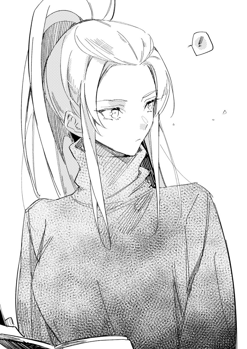 1girl absurdres book closed_mouth fire_emblem fire_emblem_engage greyscale highres holding holding_book illust_mi jade_(fire_emblem) long_hair long_sleeves looking_to_the_side monochrome ponytail solo sweater turtleneck turtleneck_sweater upper_body white_background