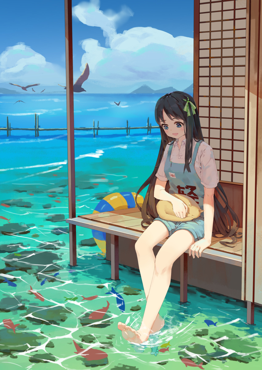 1girl :d absurdres animal_on_lap bare_legs barefoot bird black_hair blue_eyes blue_sky bow breasts cat cat_on_lap caustics cloud collared_shirt day fish green_bow hair_bow hand_on_animal highres lifebuoy light_blush long_hair mountainous_horizon ocean on_lap open_mouth original outdoors overalls rock shirt shouji single_sidelock sitting sky sliding_doors small_breasts smile solo suzi swim_ring tatami toes white_shirt yellow_cat