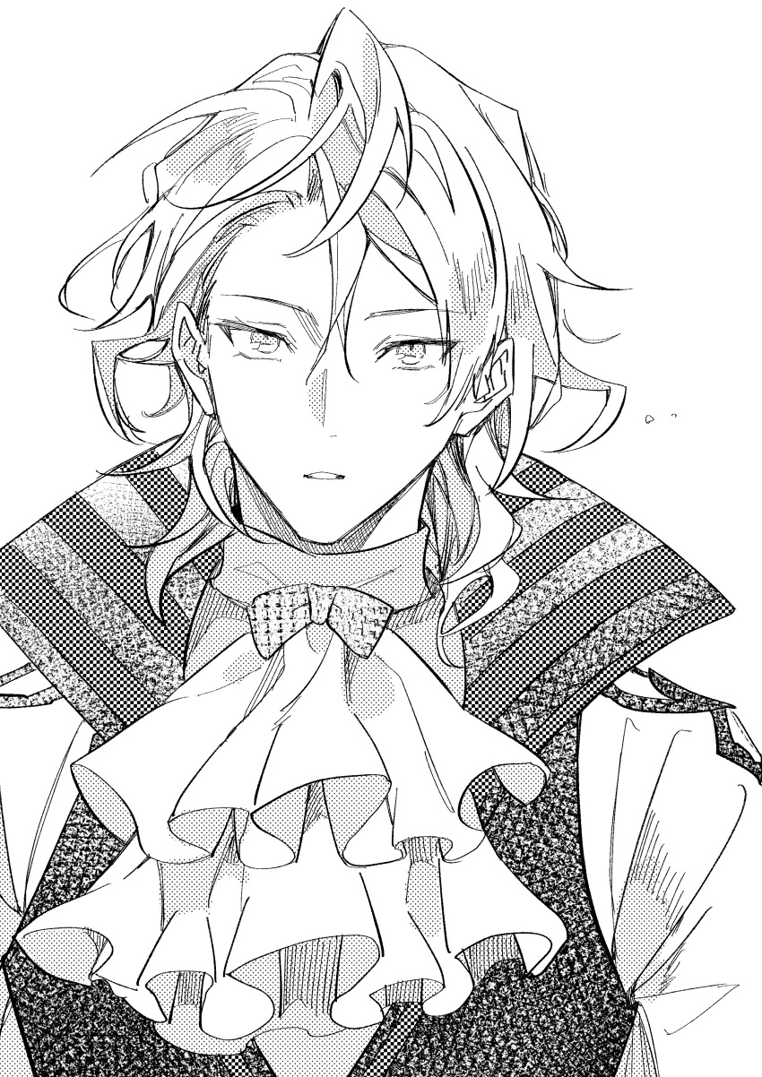 1boy absurdres amber_(fire_emblem) ascot asymmetrical_hair fire_emblem fire_emblem_engage greyscale high_collar highres illust_mi looking_at_viewer male_focus monochrome portrait short_hair solo white_ascot white_background