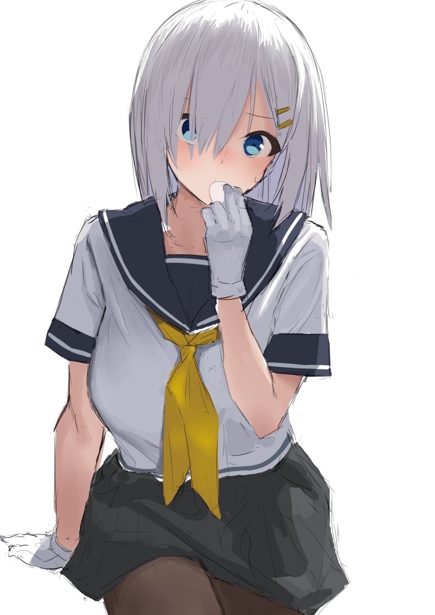 1girl absurdres black_pantyhose blue_eyes eating food gen_(black_factory) gloves grey_hair grey_sailor_collar grey_skirt hair_ornament hair_over_one_eye hairclip hamakaze_(kancolle) highres invisible_chair kantai_collection mochi neckerchief pantyhose sailor_collar sailor_shirt school_uniform serafuku shirt short_hair simple_background sitting skirt solo white_background white_gloves white_shirt yellow_neckerchief