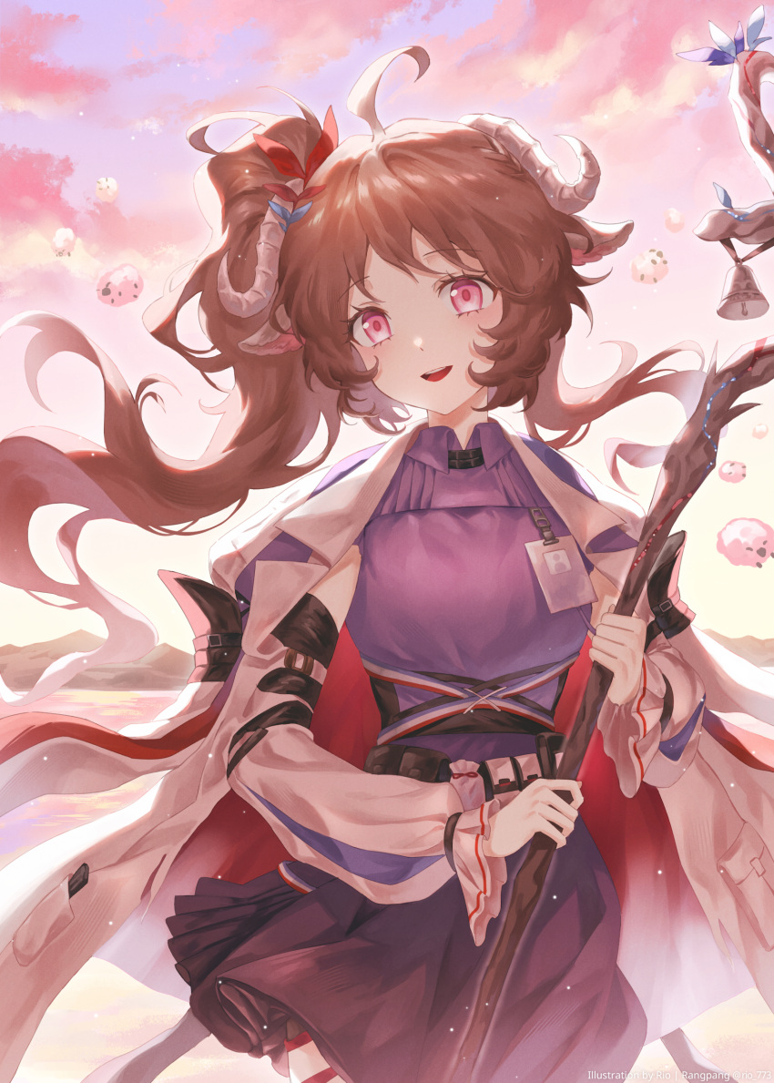 1girl absurdres ahoge animal_ears arknights breasts brown_hair cloud coat commentary cowboy_shot eyjafjalla_(arknights) eyjafjalla_the_hvit_aska_(arknights) gradient_sky highres holding holding_staff horns id_card long_sleeves looking_at_viewer medium_breasts open_clothes open_coat open_mouth pink_clouds pink_eyes pink_sky purple_shirt purple_sky rio_(rio773) sheep sheep_ears sheep_girl sheep_horns shirt side_ponytail sky smile solo staff wavy_hair white_coat
