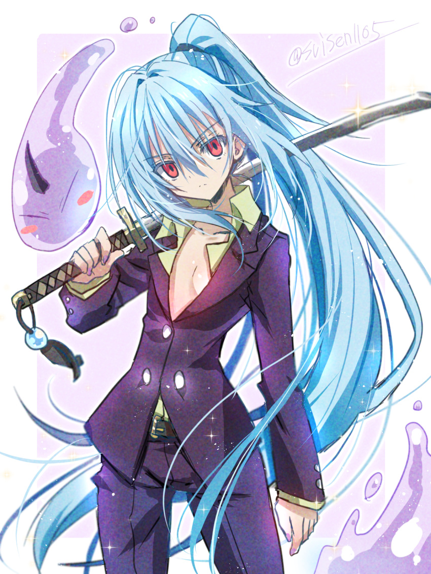 1other akatsuki_(ggsy7885) alternate_eye_color alternate_hairstyle belt_buckle blue_hair border buckle collarbone collared_shirt cosplay flat_chest floating_hair hair_between_eyes hair_intakes high_ponytail highres holding holding_sword holding_weapon jacket katana long_hair long_sleeves looking_at_viewer nail_polish open_clothes open_shirt outline pants purple_background purple_jacket purple_nails purple_pants red_eyes rimuru_tempest shion_(tensei_shitara_slime_datta_ken) shion_(tensei_shitara_slime_datta_ken)_(cosplay) shirt signature slime_(creature) sparkle sword tensei_shitara_slime_datta_ken very_long_hair weapon white_border white_outline wing_collar yellow_shirt