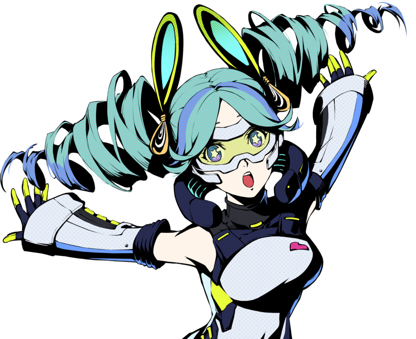 +_+ 1girl aqua_eyes aqua_hair chakram highres persona_5:_the_phantom_x weapon