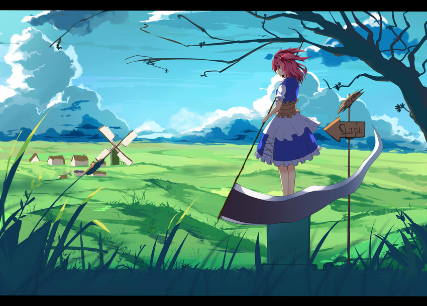 baisi_shaonian field grass hair_bobbles hair_ornament highres house onozuka_komachi red_eyes red_hair road_sign scenery scythe short_hair sign skirt solo standing touhou tree two_side_up weapon wind windmill