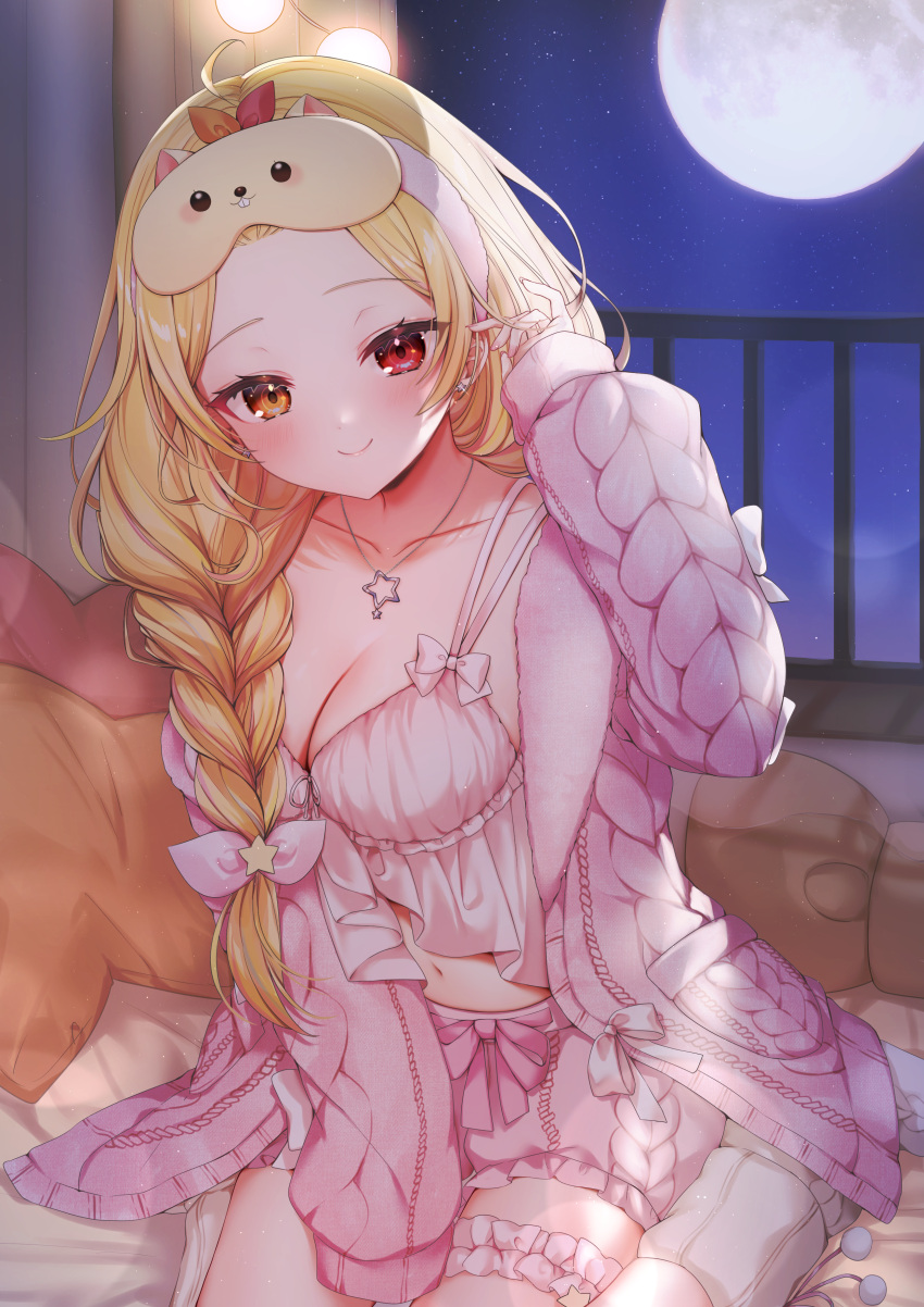 1girl :o absurdres bangs_pinned_back bed_sheet blonde_hair blush braid breasts camisole cleavage closed_mouth collarbone commentary_request forehead frilled_camisole frilled_shorts frills full_moon heterochromia highres hoshikawa_sara hoshikawa_sara_(7th_costume) indoors ineka_ka jacket jewelry long_hair looking_at_viewer medium_breasts midriff moon navel necklace night nijisanji official_alternate_costume official_alternate_hairstyle on_bed open_clothes open_jacket pillow pink_camisole pink_jacket pink_shorts red_eyes shorts single_braid sitting sleep_mask sleepwear sleeves_past_fingers sleeves_past_wrists smile solo star_(symbol) star_necklace virtual_youtuber wariza yellow_eyes