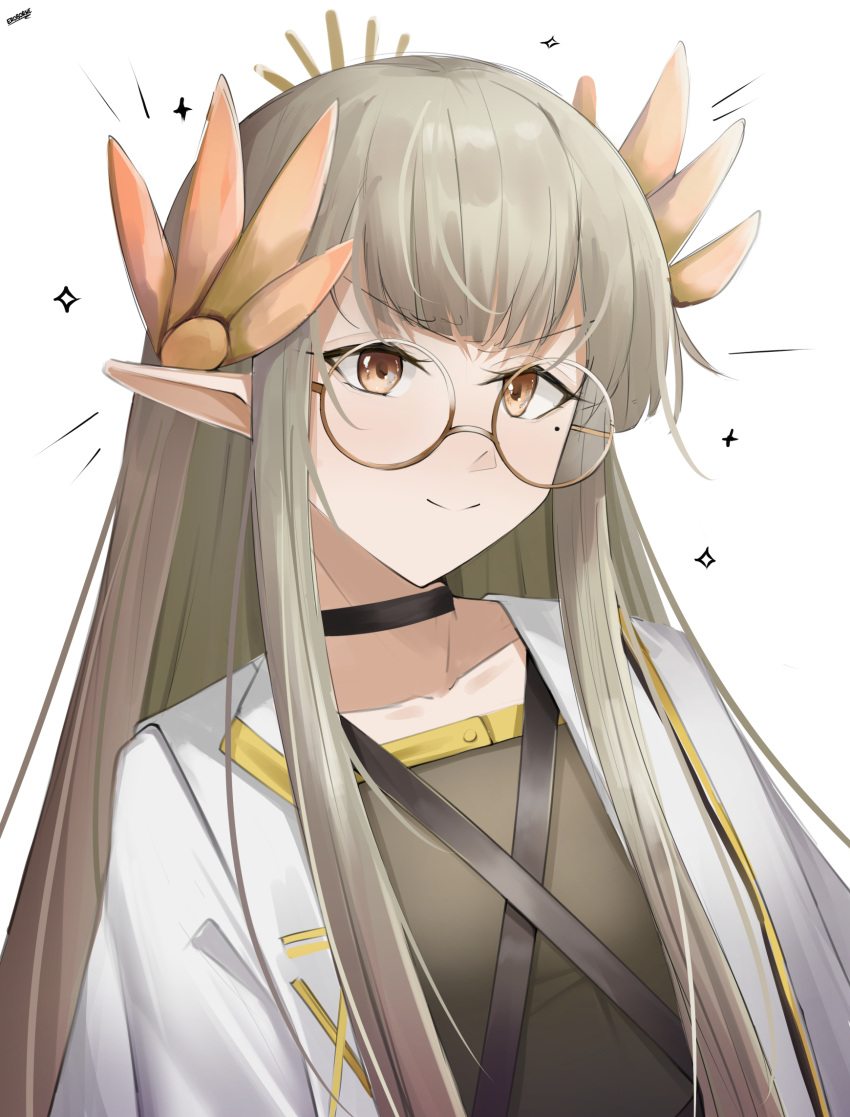 1girl arknights bespectacled black_choker black_shirt brown-framed_eyewear brown_eyes choker closed_mouth collarbone commentary_request eroborne glasses grey_hair highres jacket long_hair looking_at_viewer mole mole_under_eye muelsyse_(arknights) open_clothes open_jacket pointy_ears round_eyewear semi-rimless_eyewear shirt signature simple_background smile solo under-rim_eyewear upper_body v-shaped_eyebrows very_long_hair white_background white_jacket