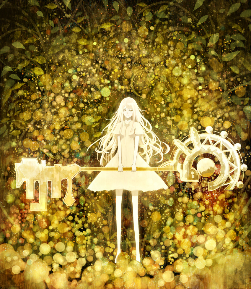 blurry bokeh depth_of_field expressionless highres holding key leaf long_hair looking_at_viewer original oversized_object sakimori_(hououbds) solo standing