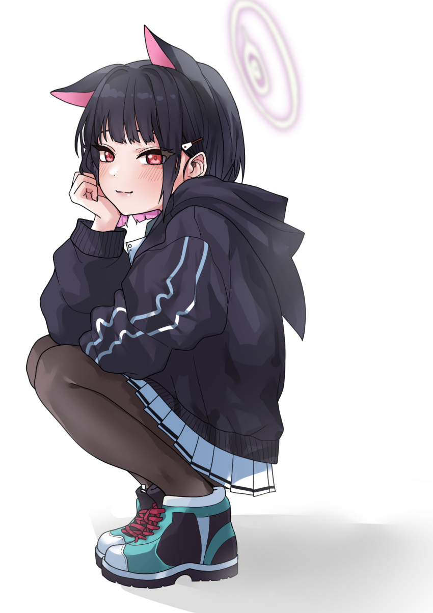 1girl animal_ears black_hair black_jacket black_pantyhose blue_archive blush cat_ears closed_mouth colored_inner_hair extra_ears full_body hair_ornament hairclip halo highres hood hood_down hooded_jacket jacket kazusa_(blue_archive) long_sleeves looking_at_viewer multicolored_hair oddman1234 pantyhose pink_hair pink_halo pleated_skirt red_eyes shoes short_hair simple_background skirt smile solo squatting white_background white_skirt