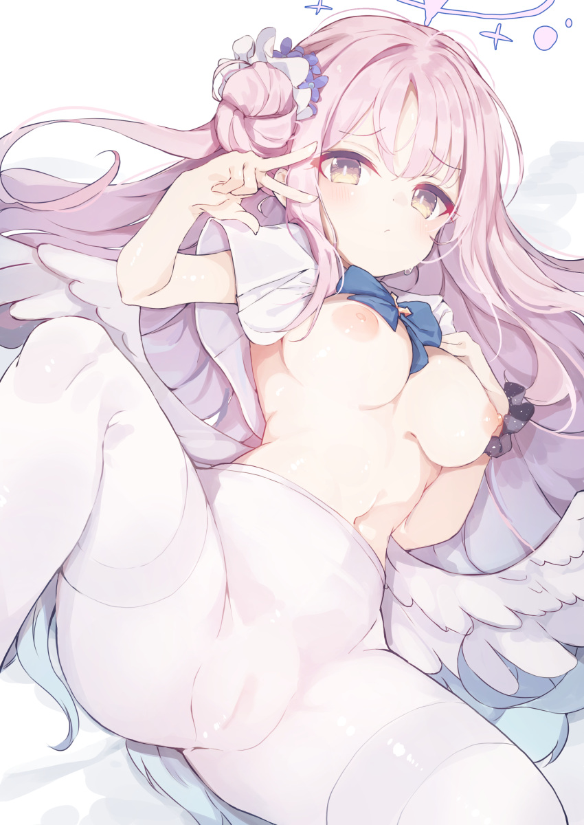 1girl absurdres blue_archive breasts cameltoe commentary_request feathered_wings hair_bun halo heart heart-shaped_pupils highres large_breasts long_hair looking_at_viewer mika_(blue_archive) nipples open_mouth pantyhose pink_hair single_side_bun solo spread_legs symbol-shaped_pupils teranekosu thighband_pantyhose w white_pantyhose white_wings wings