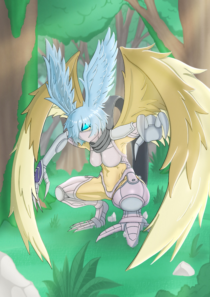 absurdres armor black_scarf blue_hair claws digimon douglas_(douglasps) feathered_wings highres mask scarf shutumon wings