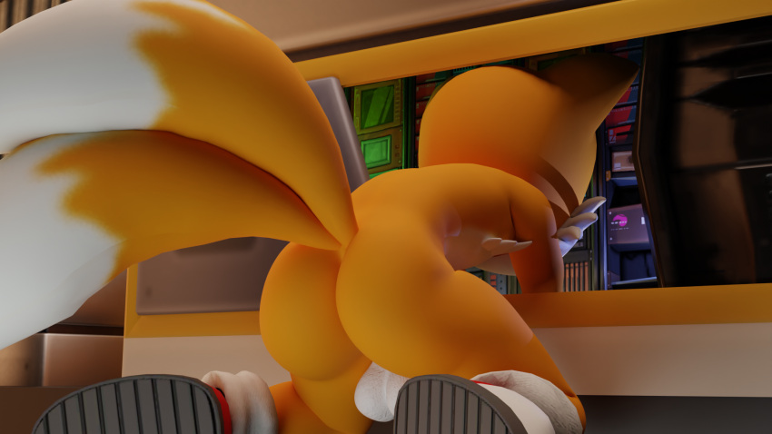 2_tails 3d_(artwork) anthro backsack balls butt canid canine clothing computer digital_media_(artwork) electronics footwear footwear_only fox genitals hi_res kneeling male mammal miles_prower mostly_nude multi_tail sega shoes shoes_only solo sonic_the_hedgehog_(series) tail twintails3d