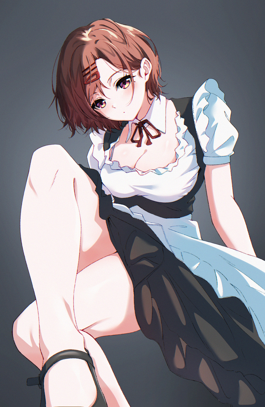 1girl absurdres black_footwear breasts brown_hair hair_ornament hairclip highres higuchi_madoka idolmaster idolmaster_shiny_colors maid mtoan multicolored_eyes purple_eyes short_hair simple_background sitting solo thick_thighs thighs