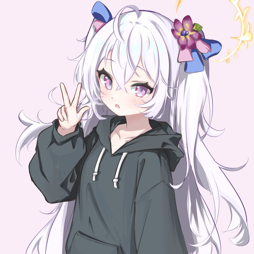 1girl absurdres ahoge azusa_(blue_archive) azusa_(swimsuit)_(blue_archive) black_hoodie blue_archive blush crescent_halo crossed_bangs double-parted_bangs flower hair_between_eyes hair_flower hair_ornament halo highres hood hoodie huajiao long_hair open_mouth purple_eyes purple_flower solo twintails waving white_hair yellow_halo