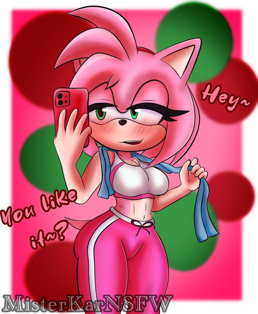 2023 absurd_res amy_rose anthro blush breasts electronics english_text eulipotyphlan female green_eyes gym_clothing hedgehog hi_res holding_object holding_phone mammal medium_breasts misterkarnsfw navel phone sega signature solo sonic_riders sonic_the_hedgehog_(series) text towel